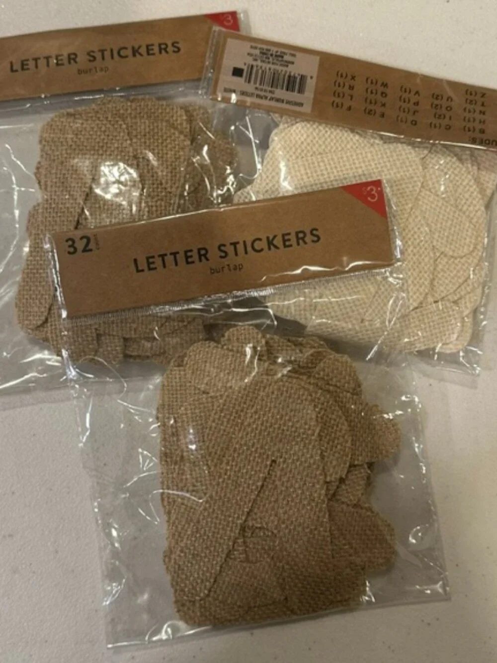 NEW-Burlap Alphabet Stickers-3 Sets (2 Natural, 1 White)-32 each